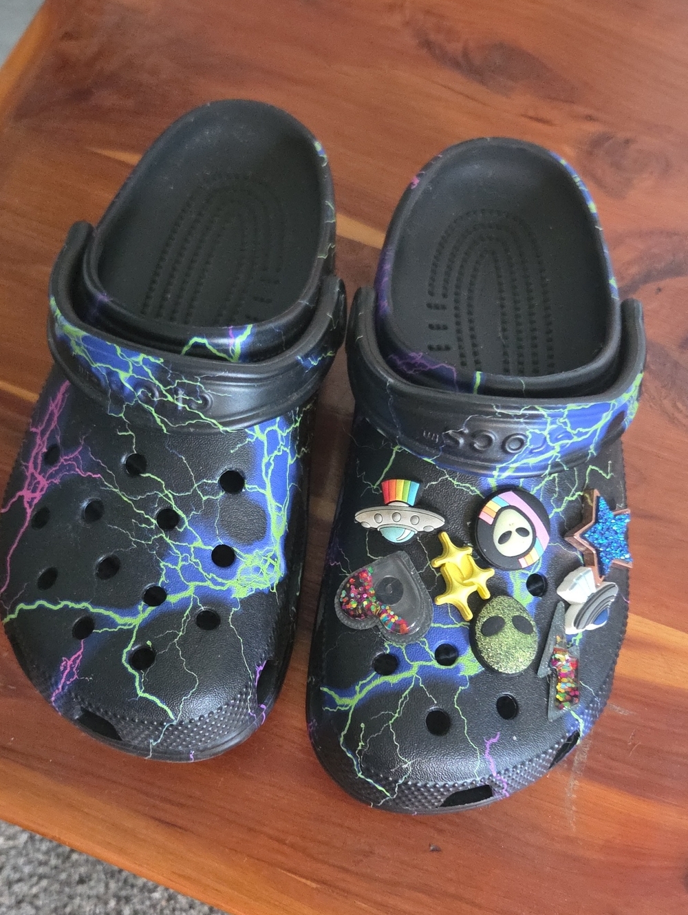 Women's Black Lightning Clog Shoes with Colorful Pins